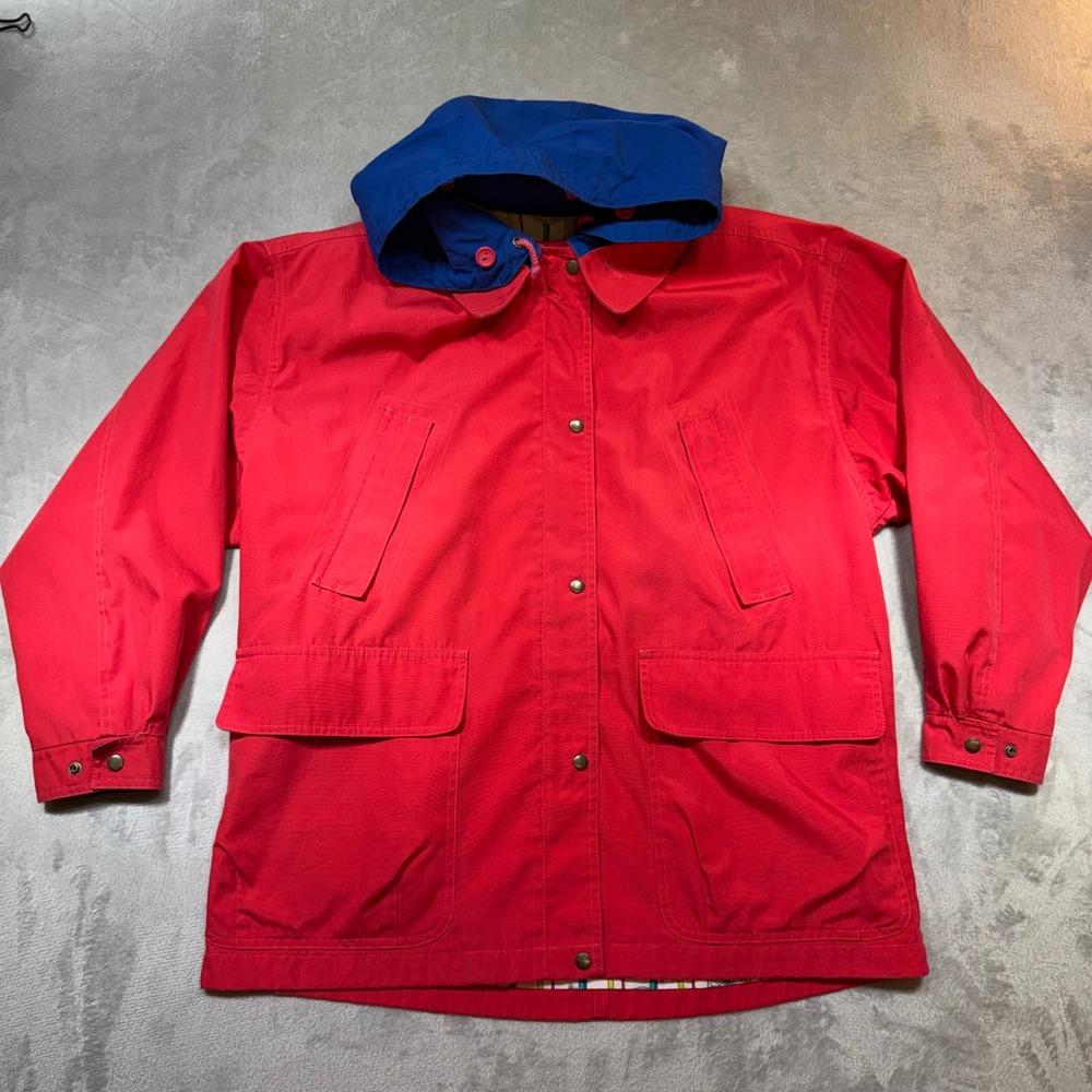 London Fog Vintage 90s Red Nautical Rain Jacket Blue‎ Detachable Hood Womens M
